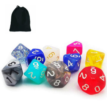 Beton 10pcs Set von 10-seitigem Würfel (Nummer 0-9), 10 Zählen Sie verschiedene zufällige Multi-betroffene und farbige Packungen von D10 in Draw-String-Beutel